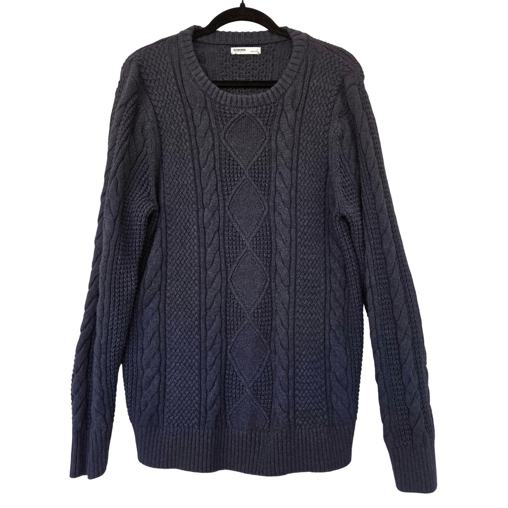 Mens Blue Cable Knit Fisherman Sweater Sz L Fall Winter Preppy Coastal Nautical